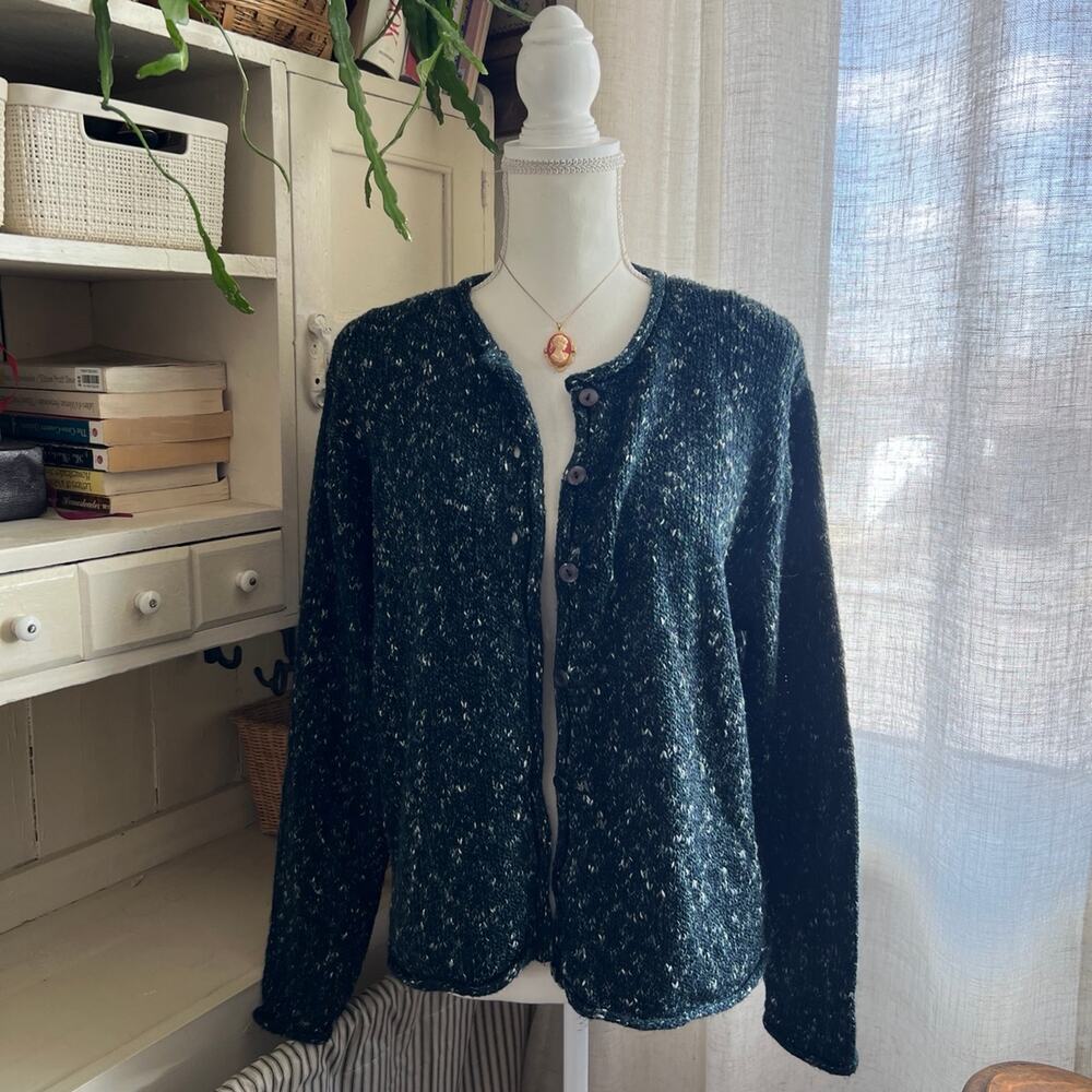 Christopher & banks knit cardigan button down blue emerald green and gray